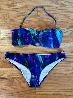 PINK Victoria's Secret White Lined Bikini Bottom with Multicolor Trim
